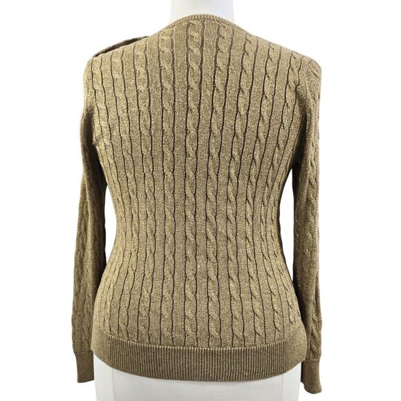 Lauren Ralph Lauren Gold Metallic Cable Knit Button Trim Sweater Old Money - Picture 2 of 7